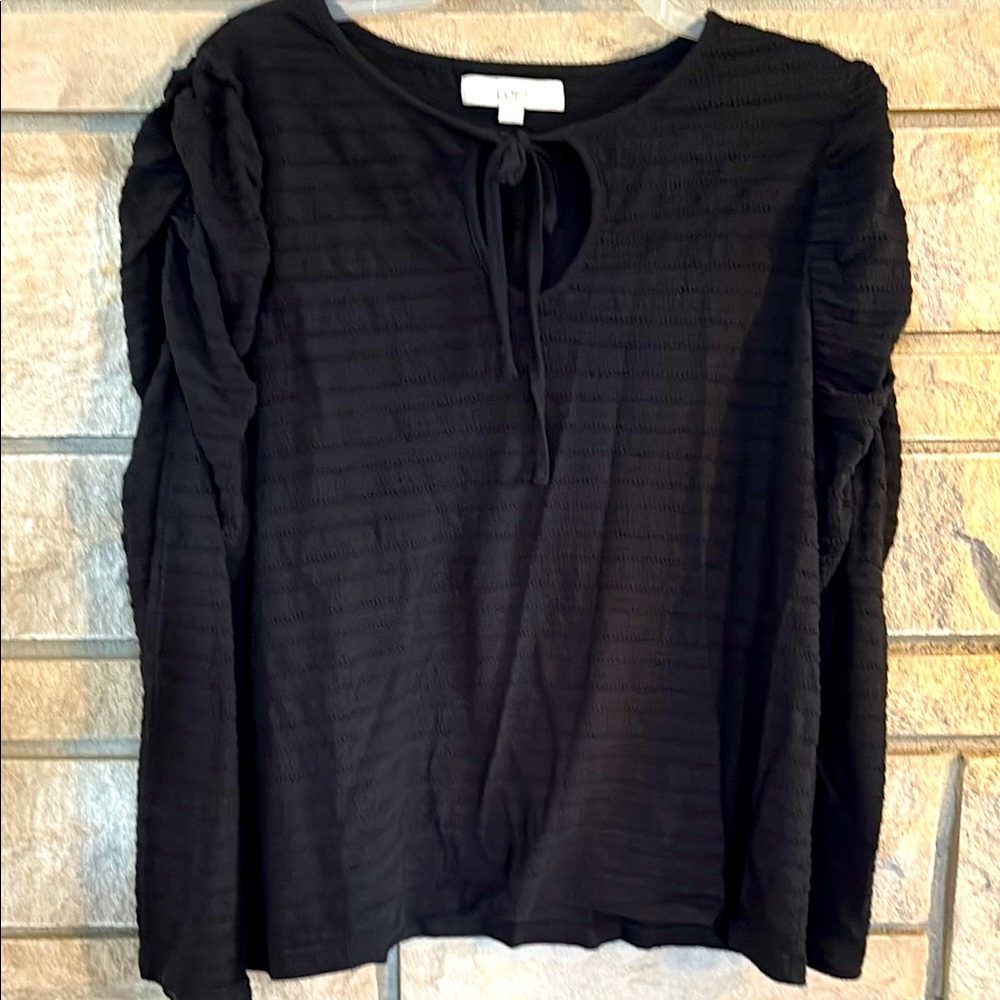 Loft Black Puff Sleeve Blouse with Tie Front
